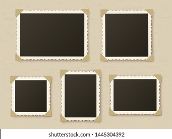 Retro photo frames. Vintage paper picture frame template for nostalgia scrapbook. Retro photos borders in album corners, vector layout, stylish concept framing isolated foto set - Shutterstock ID 1445304392