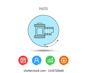 Retro photo icon. Camera roll sign. Calendar, User and Business Chart, Download arrow icons. Speech bubbles with flat signs. Vector