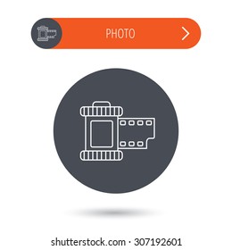 Retro photo icon. Camera roll sign. Gray flat circle button. Orange button with arrow. Vector