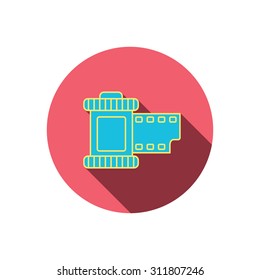 Retro photo icon. Camera roll sign. Red flat circle button. Linear icon with shadow. Vector