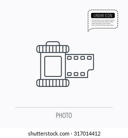 Retro photo icon. Camera roll sign. Linear outline icon. Speech bubble of dotted line. Vector