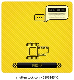 Retro photo icon. Camera roll sign. Chat speech bubbles. Orange line background. Vector