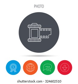 Retro photo icon. Camera roll sign. Globe, download and speech bubble buttons. Winner award symbol. Vector