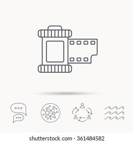 Retro photo icon. Camera roll sign. Global connect network, ocean wave and chat dialog icons. Teamwork symbol.