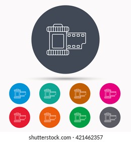 Retro photo icon. Camera roll sign. Icons in colour circle buttons. Vector