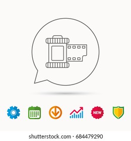 Retro photo icon. Camera roll sign. Calendar, Graph chart and Cogwheel signs. Download and Shield web icons. Vector