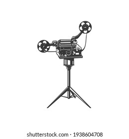 Retro photocamera, film making machine, cinematography cam isolated monochrome icon. Vector old film projector, camera with reels, movie making instrument on tripod, vintage motion picture symbol