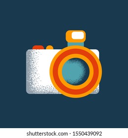 Retro photocamera icon. Photo camera textured vector illustration on blue background. Hipster device in vintage style. Geek shop logo or card template. Grainy textured pictogram of electronic device