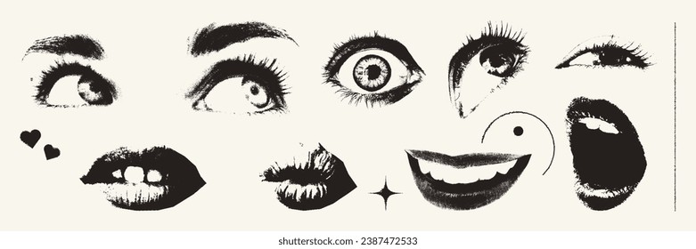 Retro photocopy effect elements set. Female eyes and lips, mouths with grunge punk messy texture. Trendy y2k aesthetic vector illustration. Ideal for poster design, t shirt, tee print, sweatshirt 