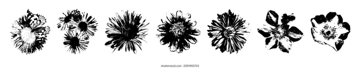 Retro photocopy effect elements set. Wild flowers heads with grunge punk messy texture. Trendy y2k aesthetic vector illustration. Ideal for poster design, t shirt, tee print, sweatshirt