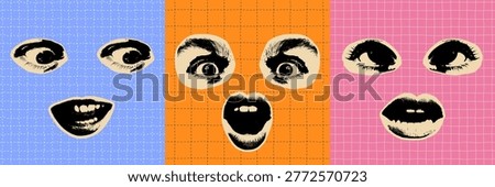 Retro photocopy effect face with eyes and open mouth. Collage pop-art design