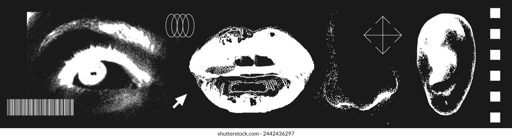 Retro photocopy effect face parts collection. Female eye, mouth, nose and ear with grunge punk messy texture. Trendy y2k aesthetic vector illustration. Ideal for anti-design , t shirt, tee print