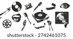 Retro photocopy effect music elements set. Turntable, vinyl record, hands, mouth, cassette. Grunge punk dotted texture for collage design. Vector.
