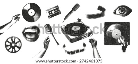 Retro photocopy effect music elements set. Turntable, vinyl record, hands, mouth, cassette. Grunge punk dotted texture for collage design. Vector.
