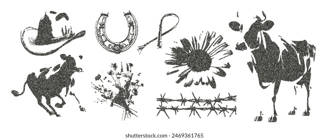 Retro photocopy elements for collages, banners, postcards, and Y2K-style web design. Vector illustration. Cow, horseshoe, cowboy hat, boots, flower, heart, sheep with a grainy texture.