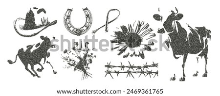Retro photocopy elements for collages, banners, postcards, and Y2K-style web design. Vector illustration. Cow, horseshoe, cowboy hat, boots, flower, heart, sheep with a grainy texture.