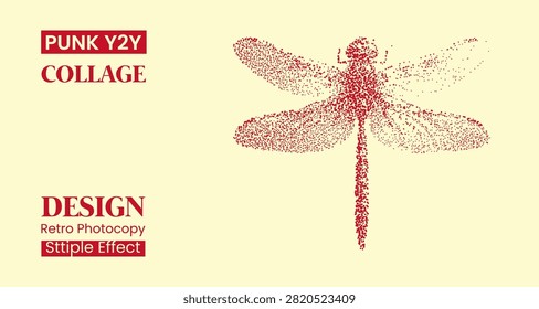 Retro photocopy stipple effect dragonfly illustration with vintage punk y2k halftone dot art style on cream background