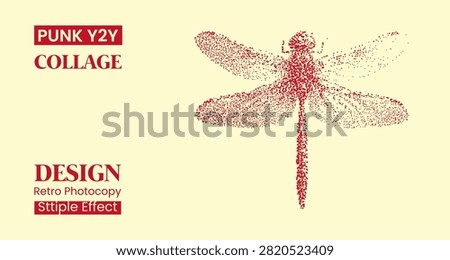 Retro photocopy stipple effect dragonfly illustration with vintage punk y2k halftone dot art style on cream background