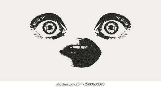 Retro photocopy style eyes and mouth.  Grain effect and stippling. Vector dots texture.	