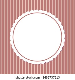 Retro photoframe, spare place in round frame isolated on striped pink or purple background. Vector poster template with ornamental gentle napkin