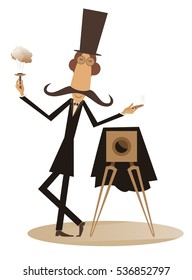Retro photographer. Cartoon photographer smokes a cigar and makes a photo
