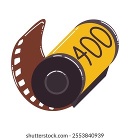 Retro photographic film roll with film strip in flat cartoon style. 