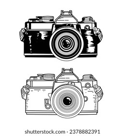 Retro photography camera vector line art illustration isolate on white