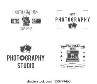 Retro Photography Studio Badges, Labels. Monochrome design with stylish old cameras and elements. Vintage style for photo studio, photographer, equipment store. Sign, logo templates. Vector.