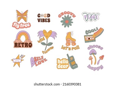 Retro phrases and quotes. Cartoon 80s-90s style. Funny comic cute characters and doodles. Vintage stickers. Collection of hippy elements. Vector illustrations.