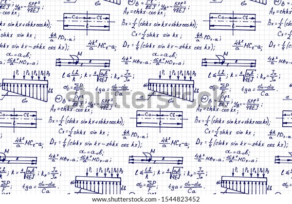 Retro physics seamless pattern with the
equations, figures, schemes, formulas and other calculations on
workbook page. Vintage scientific and educational handwritten
vector background.
