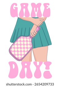 Retro pickleball girl illustration with "Game Day" text – perfect for apparel, posters, or branding