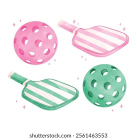 Retro Pickleball paddles and ball Preppy Aesthetic Pastel Watercolor Art in Green and Pink