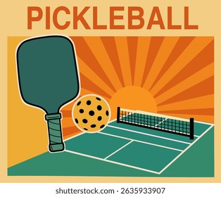 Retro pickleball poster with paddle, ball, and court, featuring bold sunset rays in orange and yellow tones, creating a vintage sporty vibe
