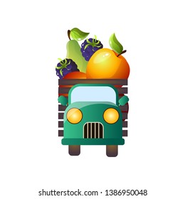 Retro pickup front view with fresh farm fruits