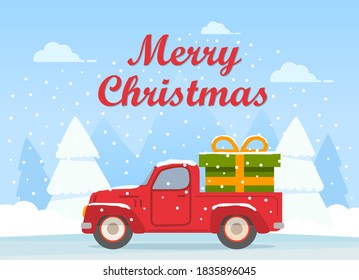 Retro pickup red truck with green gift box.Happy New Year postcard.Winter landscape with snowy fir trees.Festive Christmas banner.Falling snow.Vector flat illustration.Vehicle side view. 