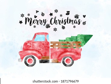 A retro pickup truck carrying pine tree in watercolors style with Merry Christmas letters and decorated with Christmas symbols on light blue watercolor and white background.