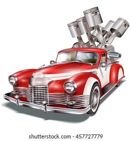 Retro Pickup truck with crankshaft in the trunk. 