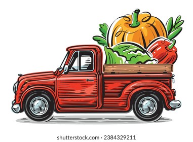 Retro Pickup LKW mit frischem Gemüse. Lieferung von ökologischen Lebensmitteln aus dem Betrieb. Vektorgrafik