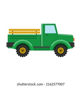 Retro pickup truck isolated on white background. Classic farming vehicles for transportation and hauling production. Vintage transport car with trailer and cargo. Vector illustration