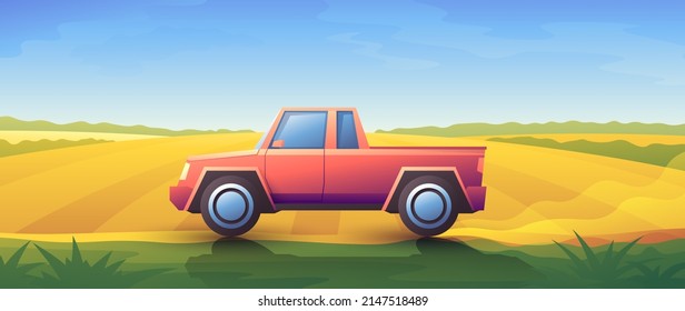 Retro Pickup Truck Rides On Dirt Road Side View On Yellow Fields Background.