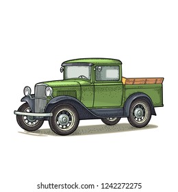 Retro pickup truck. Side view. Vintage color engraving illustration for poster, web. Isolated on white background. Hand drawn design element