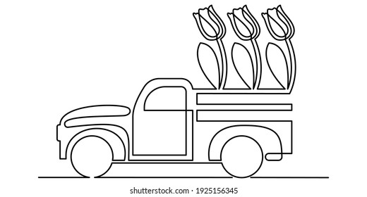 Retro pickup truck with tulips, continuous line. Vector illustration, isolated on white background.