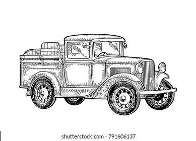 Retro Pickup Truck With Wood Barrel. Side View. Vintage Black Engraving Illustration For Poster, Web. Isolated On White Background.