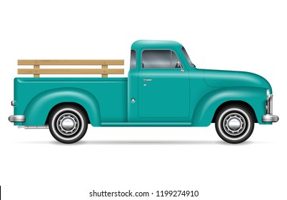 Retro pickup vector illustration on white background. Isolated green old truck side view. All elements in the groups on separate layers for easy editing and recolor.