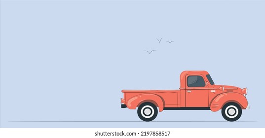 Retro pickup vector illustration on white background. Isolated orange old truck side view. All elements in the groups on separate layers for easy editing and recolor.