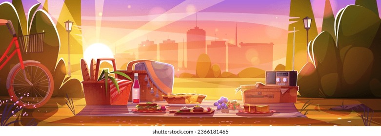 Retro picnic in city park at sunset. Vector cartoon illustration of appetizing dinner served on lawn, vintage radio and bicycle, sandwiches and drinks on blanket, romantic date on urban background