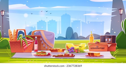 Picnic retro en el parque matutino de la ciudad. Dibujo vectorial del apetitoso desayuno servido en césped, radio vintage, sándwiches, frutas y bebidas en manta, cita romántica contra el fondo urbano