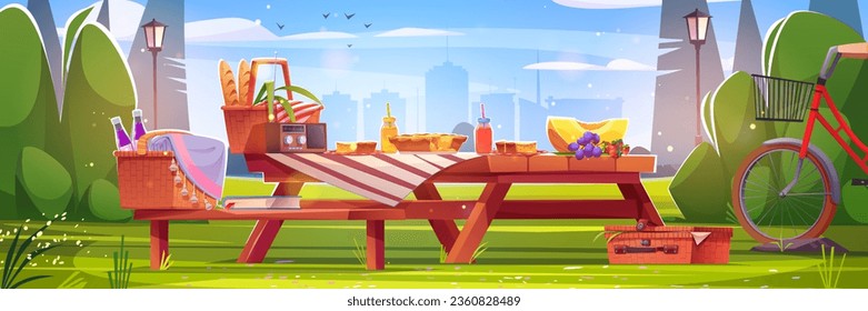 Retro picnic on wooden table in morning city park. Vector cartoon illustration of appetizing breakfast served outdoors, vintage radio and bicycle near bench, romantic date against urban background