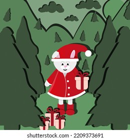 Retro picture with bunny in red santa claus costume, hat and boots in a pine forest. Postcard with the symbol of 2023 among spruce, clouds and mountains. 