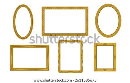 Retro picture frames set. Vintage wooden ornate frames in different geometric shapes. Empty museum borders with Victorian ornament. Flat vector illustration collection isolated on background